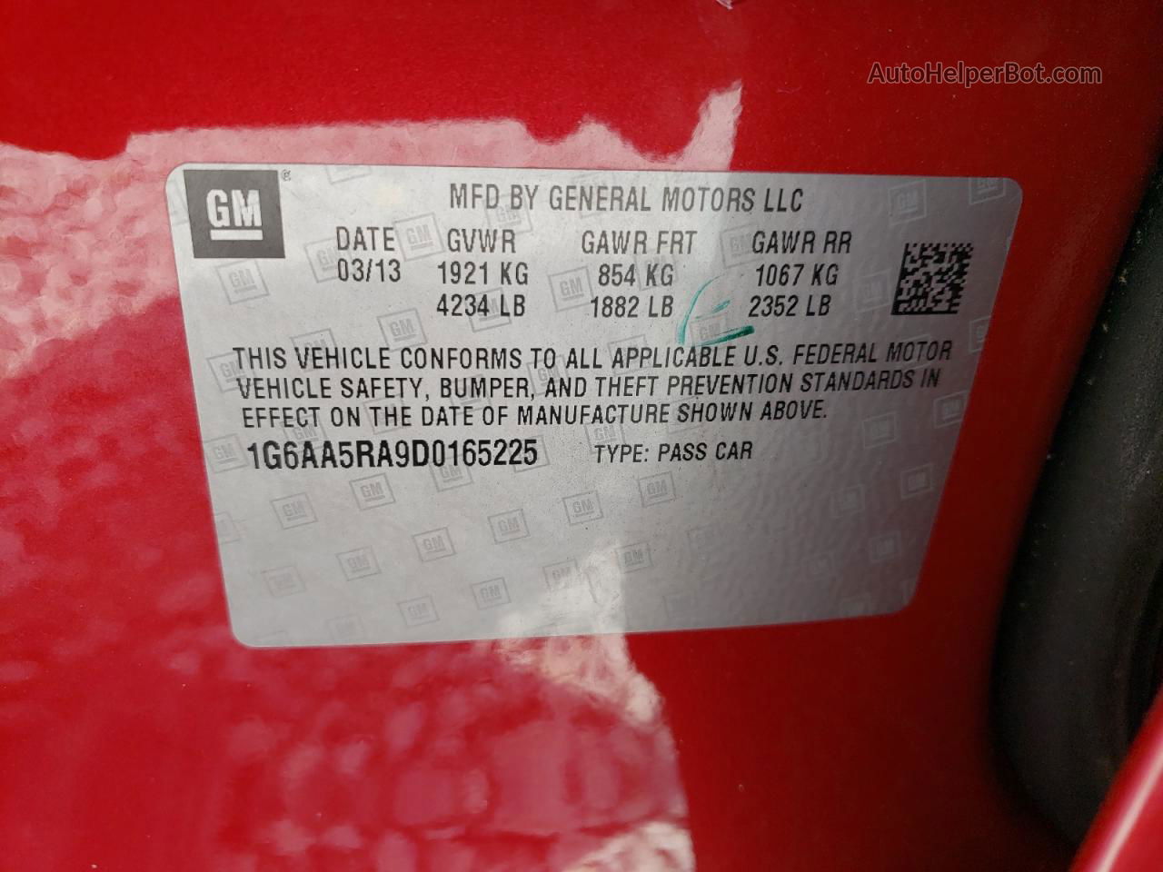 2013 Cadillac Ats  Red vin: 1G6AA5RA9D0165225