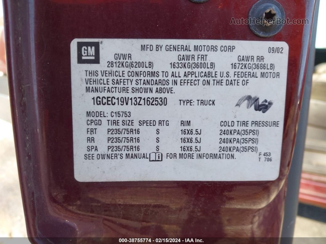 2003 Chevrolet Silverado 1500 Ls Red vin: 1GCEC19V13Z162530