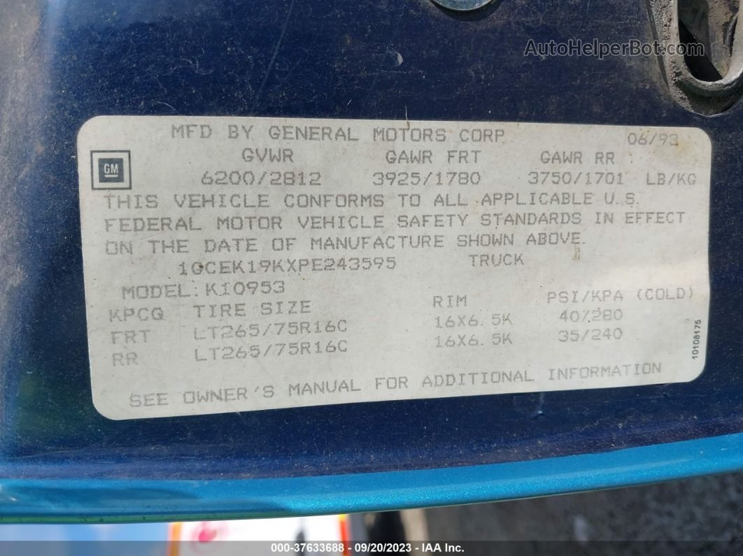 1993 Chevrolet Gmt-400 K1500 Blue vin: 1GCEK19KXPE243595