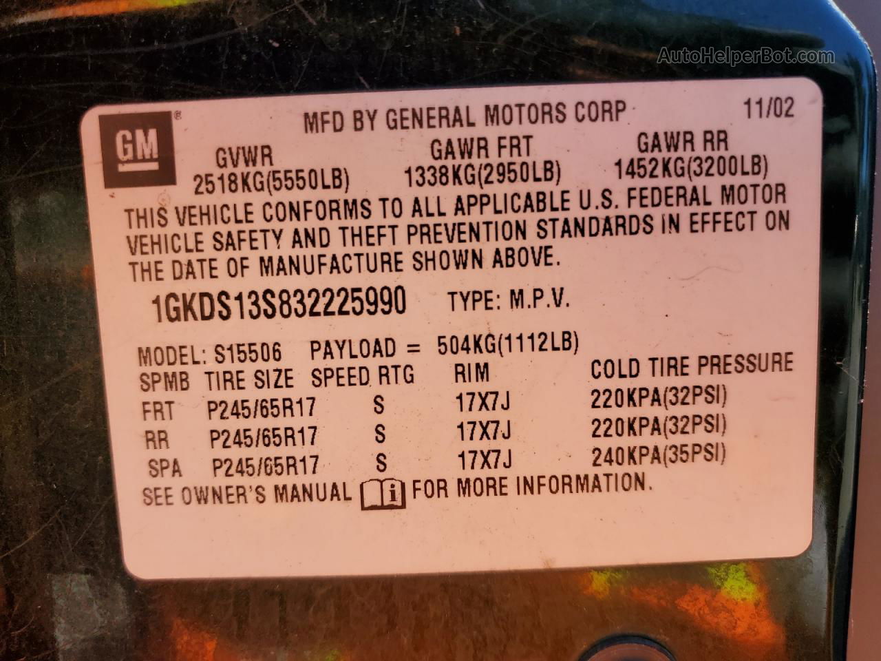 2003 Gmc Envoy  Green vin: 1GKDS13S832225990