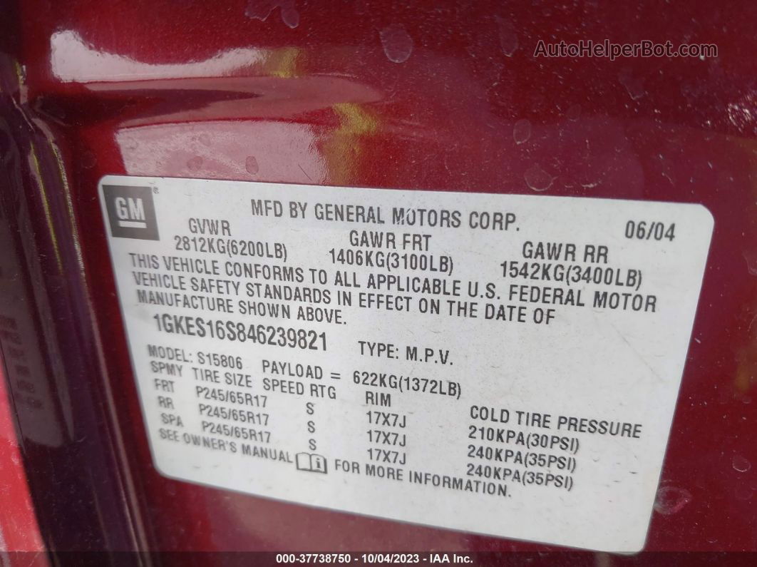 2004 Gmc Envoy Xl Sle Maroon vin: 1GKES16S846239821