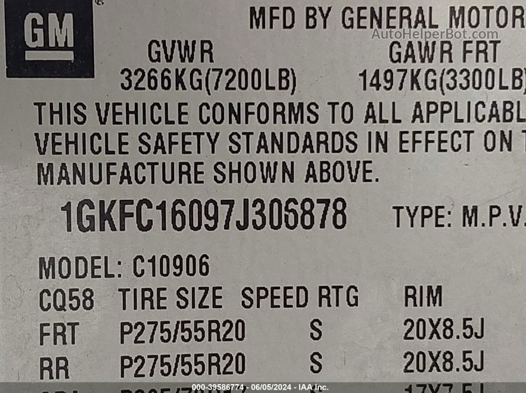 2007 Gmc Yukon Xl 1500 Slt White vin: 1GKFC16097J306878