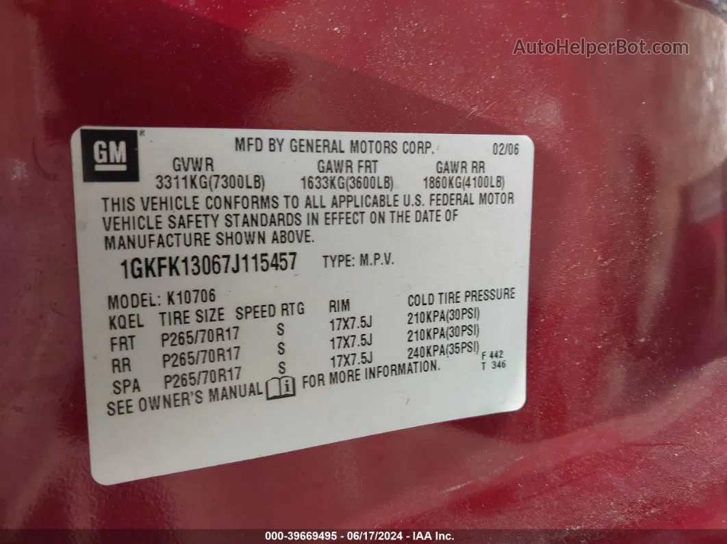 2007 Gmc Yukon Sle Red vin: 1GKFK13067J115457