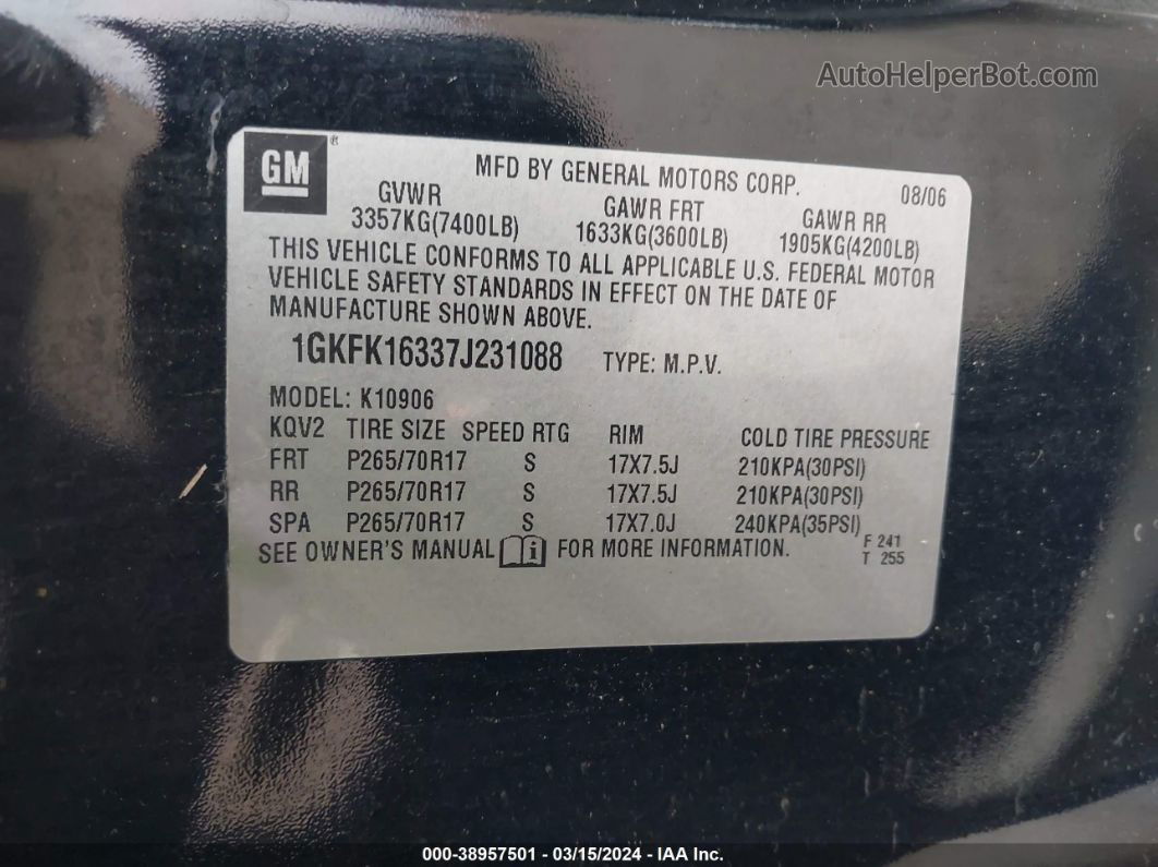 2007 Gmc Yukon Xl 1500 Slt Black vin: 1GKFK16337J231088