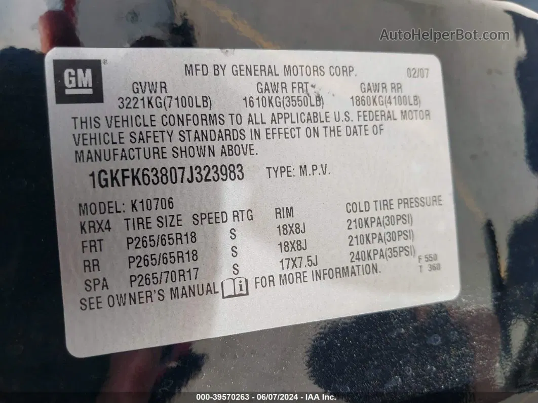 2007 Gmc Yukon Denali Black vin: 1GKFK63807J323983