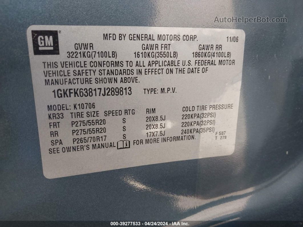 2007 Gmc Yukon Denali Gray vin: 1GKFK63817J289813