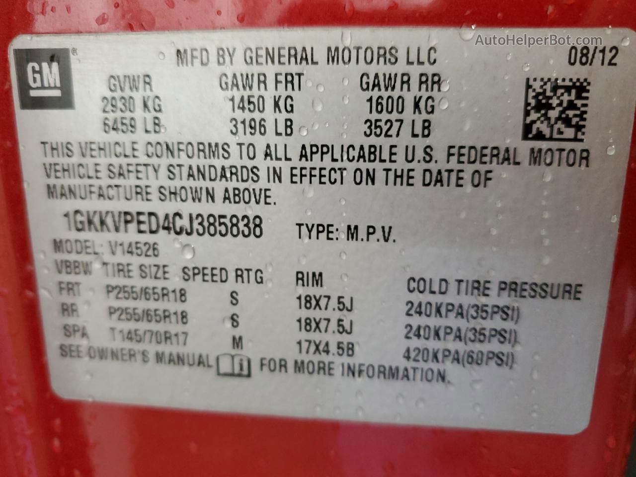 2012 Gmc Acadia Sle Red vin: 1GKKVPED4CJ385838