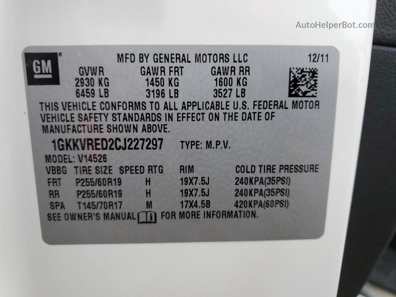 2012 Gmc Acadia Slt-1 Белый vin: 1GKKVRED2CJ227297