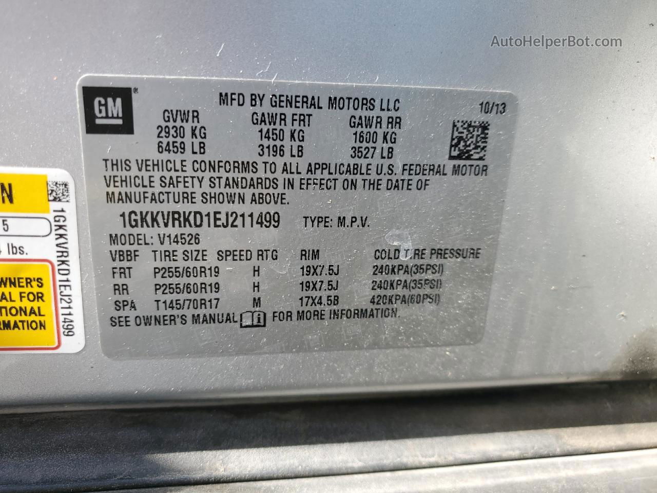 2014 Gmc Acadia Slt-1 Серебряный vin: 1GKKVRKD1EJ211499