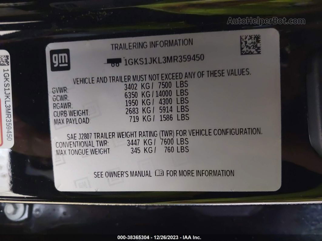 2021 Gmc Yukon Xl 2wd Denali Black vin: 1GKS1JKL3MR359450