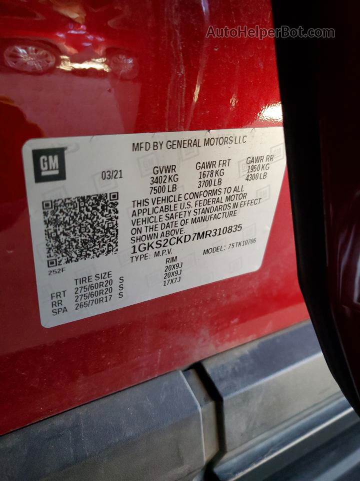 2021 Gmc Yukon At4 Red vin: 1GKS2CKD7MR310835