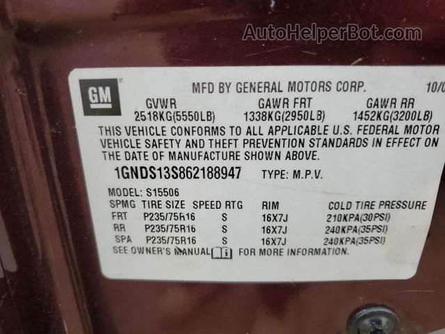 2006 Chevrolet Trailblazer Ls Burgundy vin: 1GNDS13S862188947