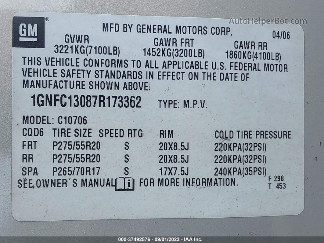 2007 Chevrolet Tahoe Lt Gold vin: 1GNFC13087R173362