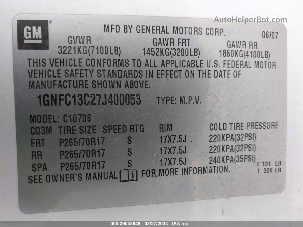 2007 Chevrolet Tahoe Ls White vin: 1GNFC13C27J400053