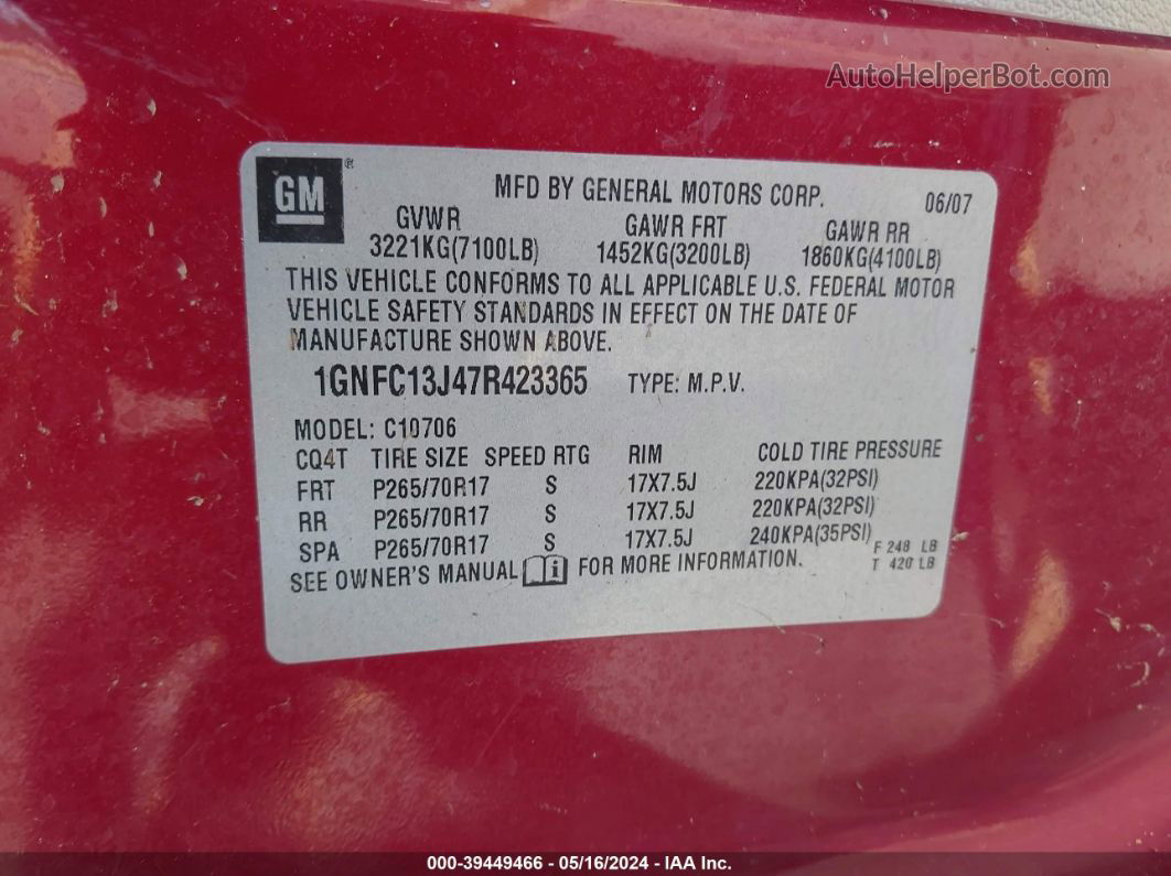 2007 Chevrolet Tahoe Lt Red vin: 1GNFC13J47R423365
