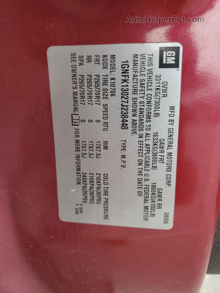2007 Chevrolet Tahoe K1500 Red vin: 1GNFK13027J238448