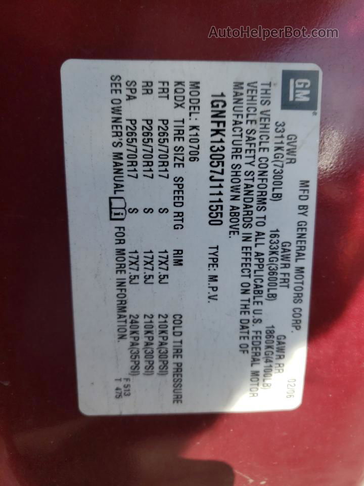 2007 Chevrolet Tahoe K1500 Red vin: 1GNFK13057J111550
