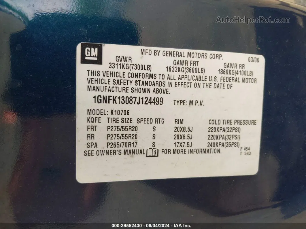 2007 Chevrolet Tahoe Ltz Dark Blue vin: 1GNFK13087J124499