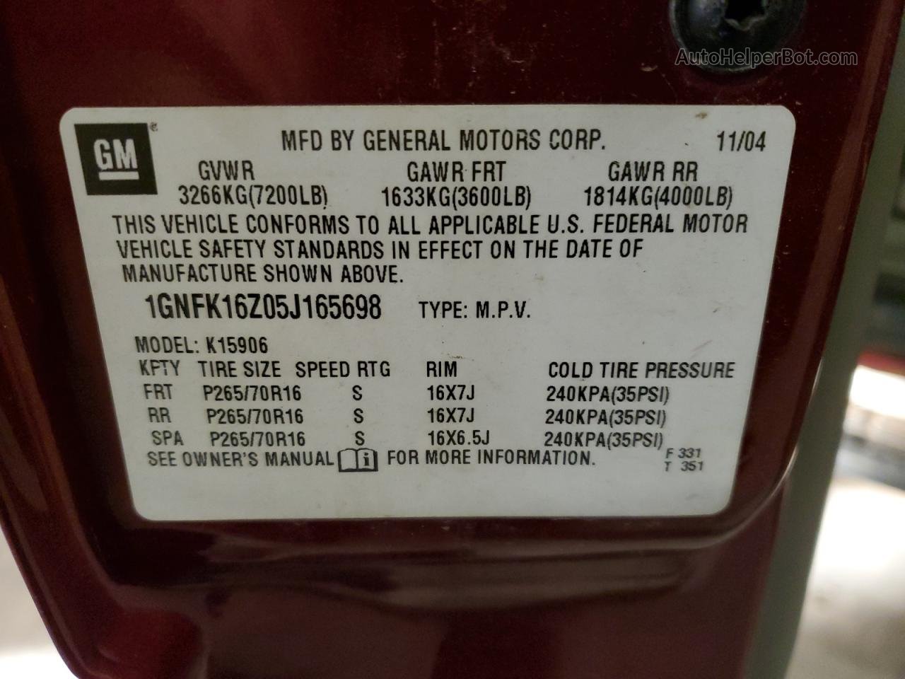 2005 Chevrolet Suburban K1500 Красный vin: 1GNFK16Z05J165698
