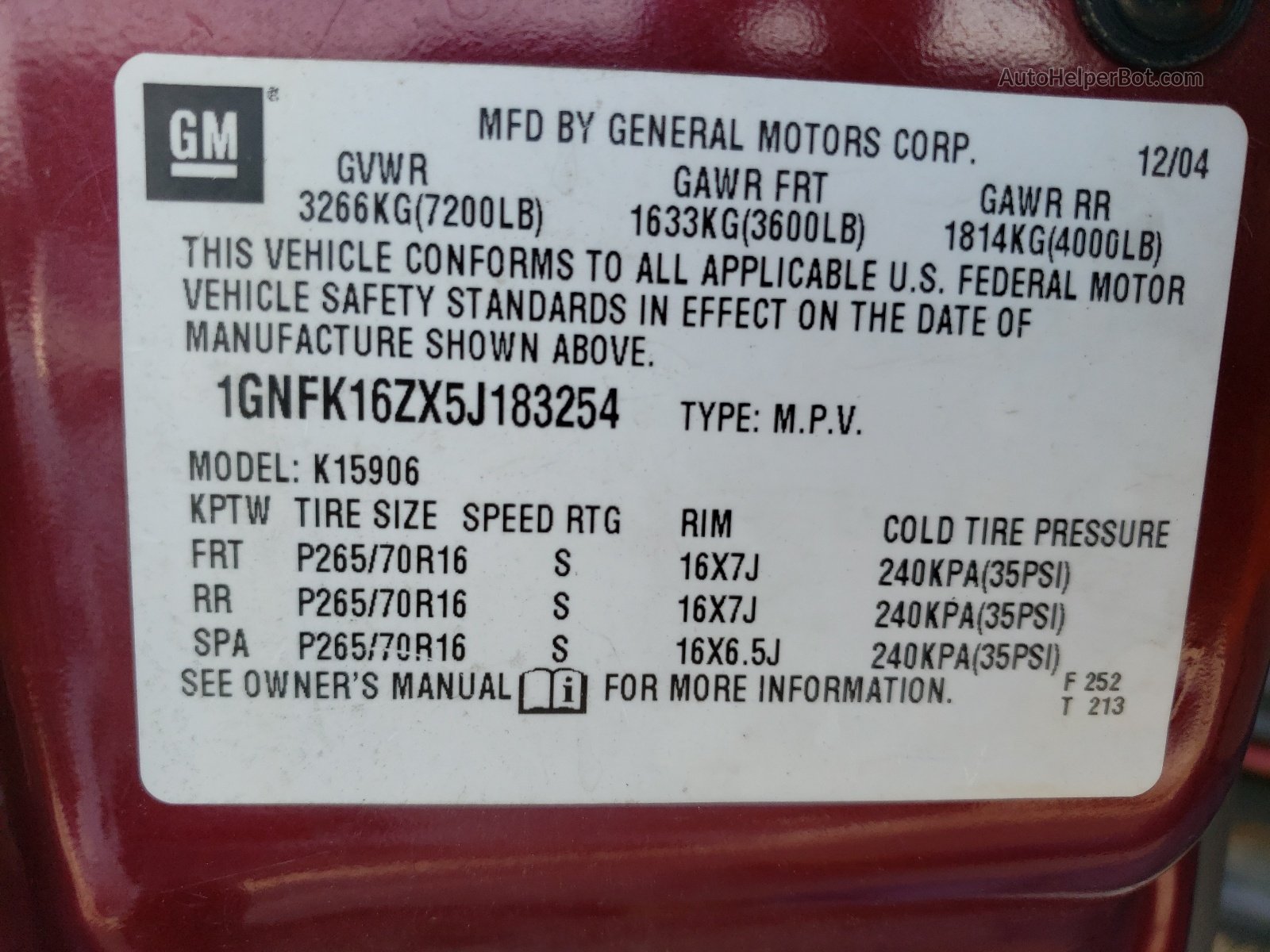 2005 Chevrolet Suburban K1500 Красный vin: 1GNFK16ZX5J183254