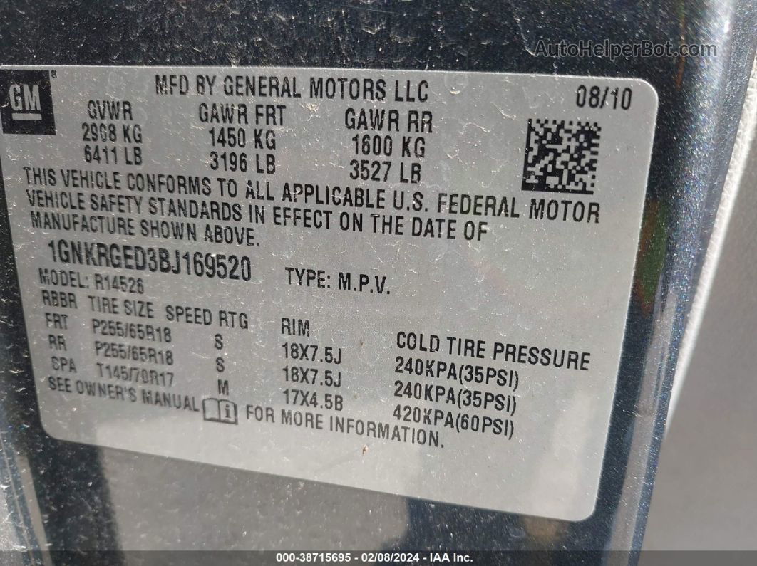 2011 Chevrolet Traverse 1lt Gray vin: 1GNKRGED3BJ169520