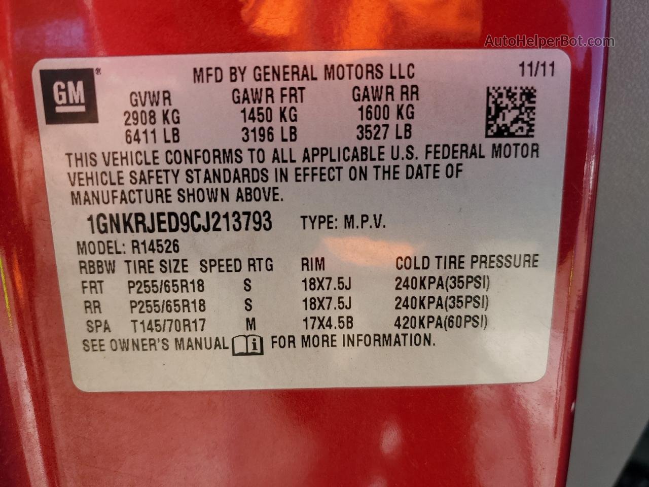 2012 Chevrolet Traverse Lt Red vin: 1GNKRJED9CJ213793