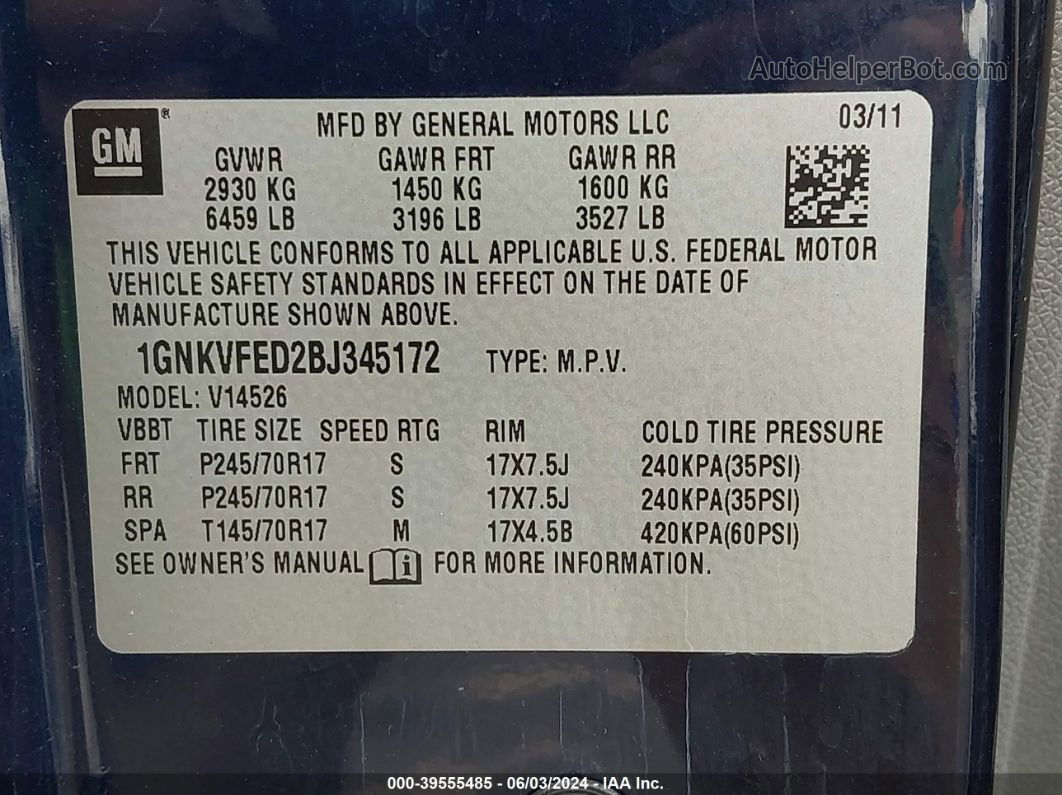 2011 Chevrolet Traverse Ls Blue vin: 1GNKVFED2BJ345172