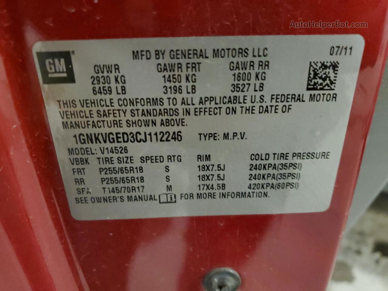 2012 Chevrolet Traverse Lt Red vin: 1GNKVGED3CJ112246