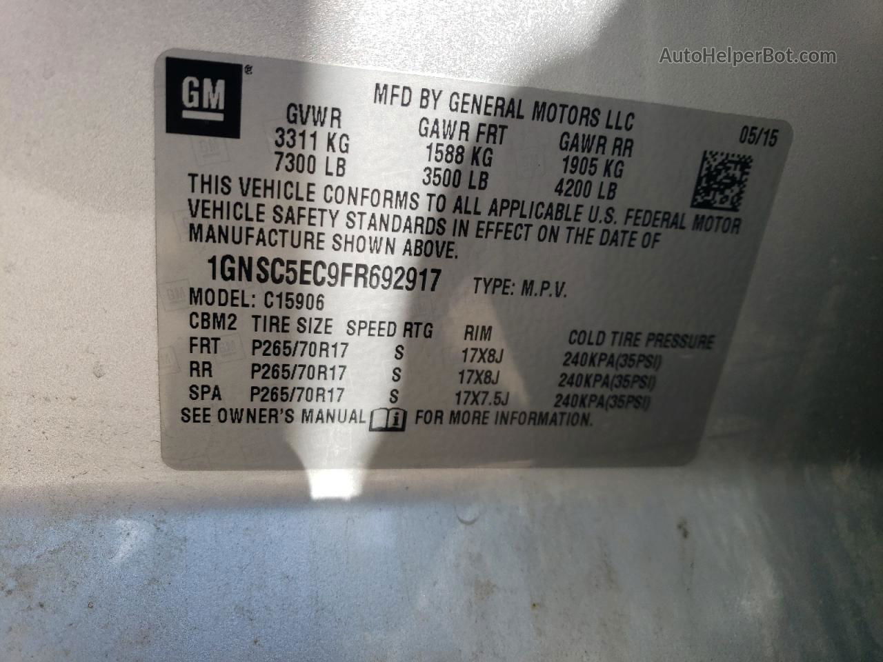 2015 Chevrolet Suburban C1500 Silver vin: 1GNSC5EC9FR692917
