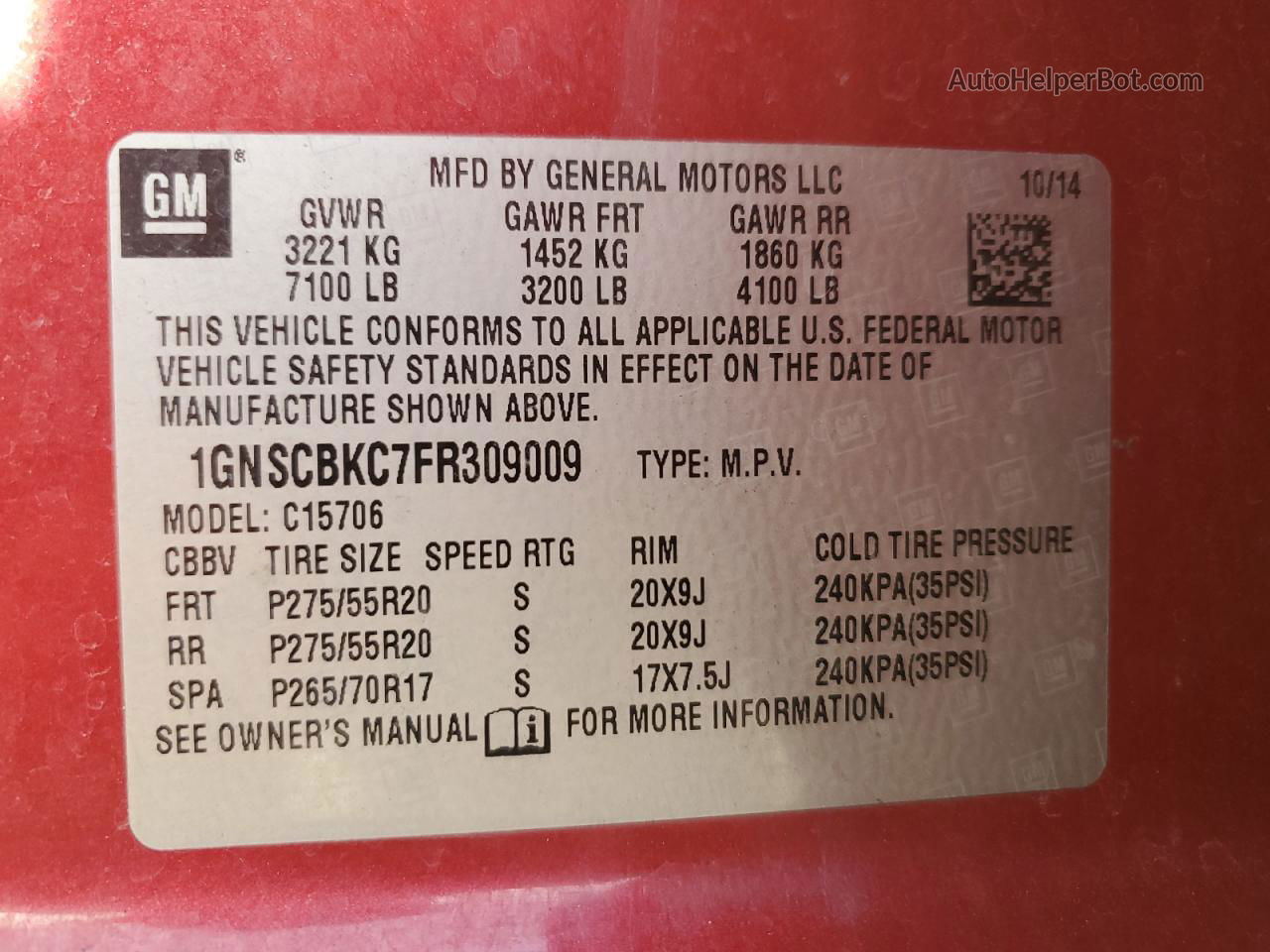2015 Chevrolet Tahoe C1500 Lt Red vin: 1GNSCBKC7FR309009