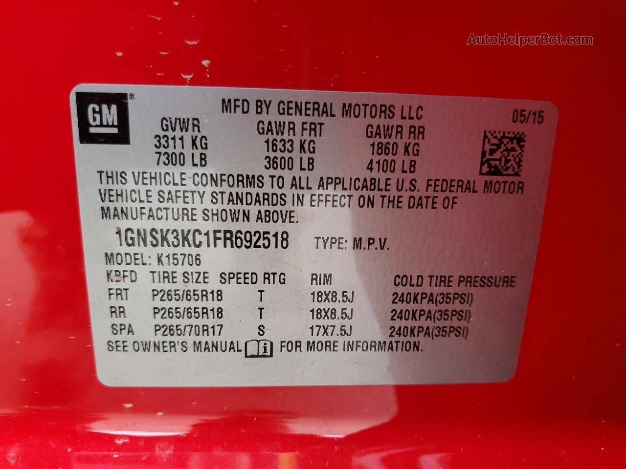 2015 Chevrolet Tahoe Special Red vin: 1GNSK3KC1FR692518
