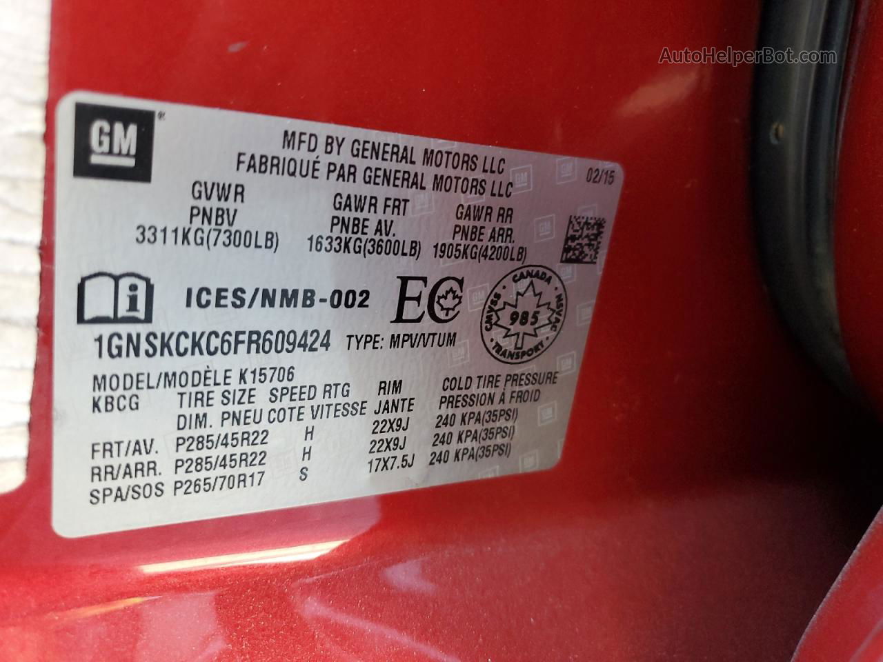 2015 Chevrolet Tahoe K1500 Ltz Красный vin: 1GNSKCKC6FR609424