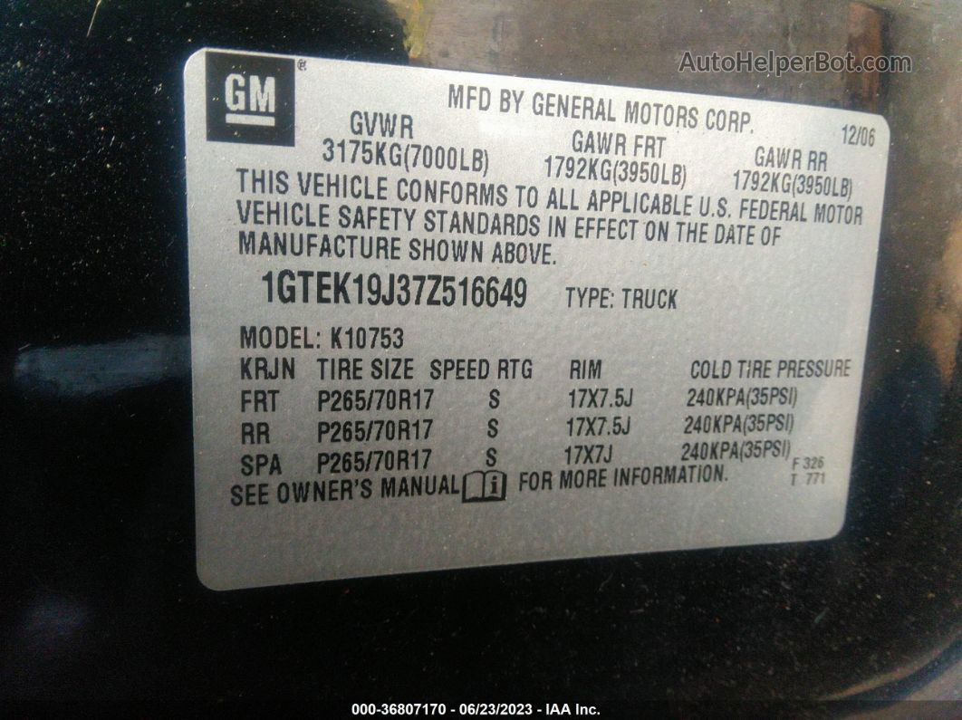 2007 Gmc Sierra 1500 Sle2 Black vin: 1GTEK19J37Z516649