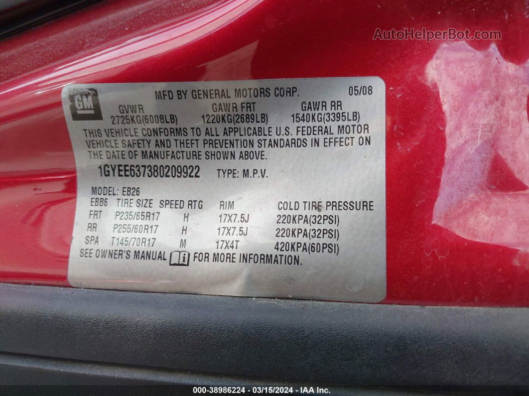 2008 Cadillac Srx V6 Red vin: 1GYEE637380209922