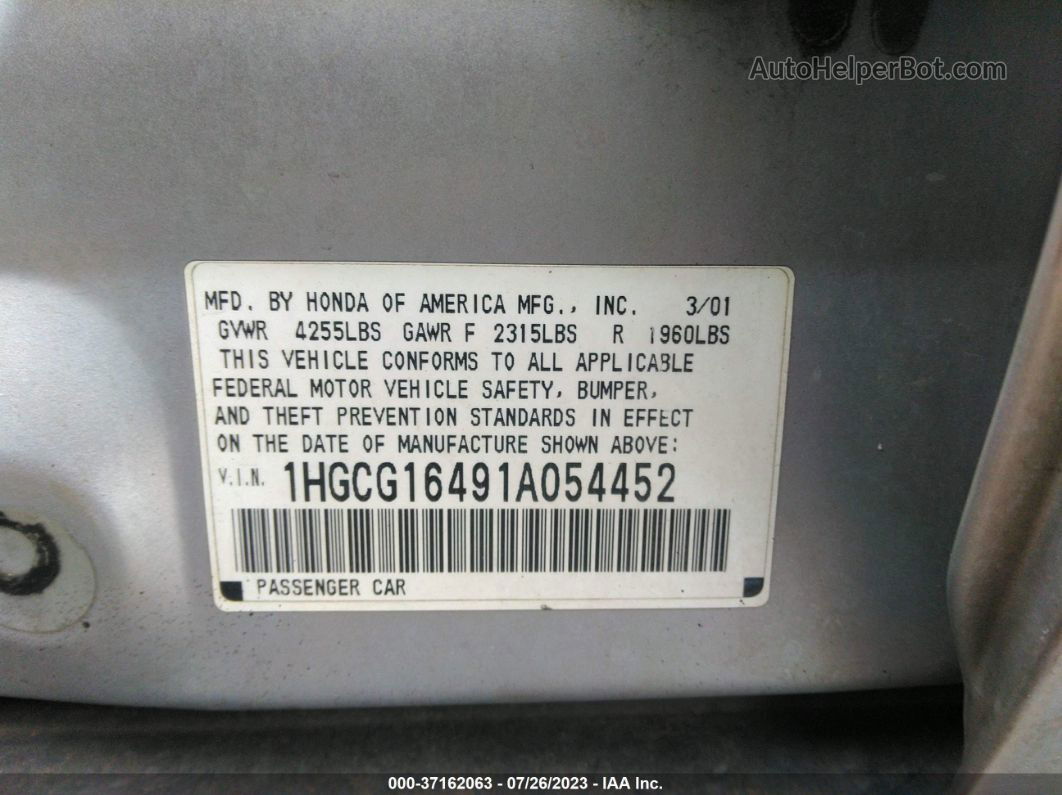 2001 Honda Accord Sdn Lx Серебряный vin: 1HGCG16491A054452