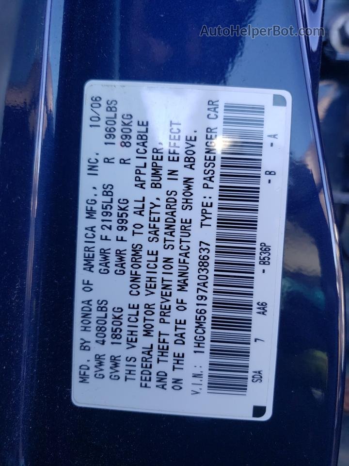 2007 Honda Accord Value Blue vin: 1HGCM56197A038637