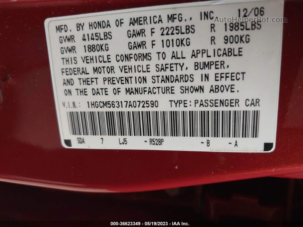 2007 Honda Accord Sdn Lx Se Red vin: 1HGCM56317A072590