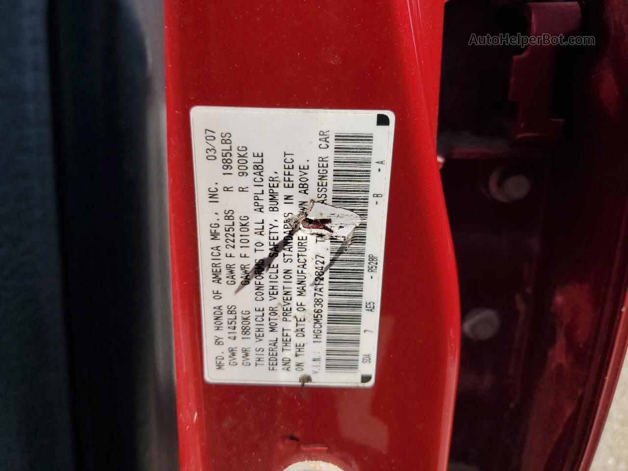 2007 Honda Accord Se Red vin: 1HGCM56387A128427