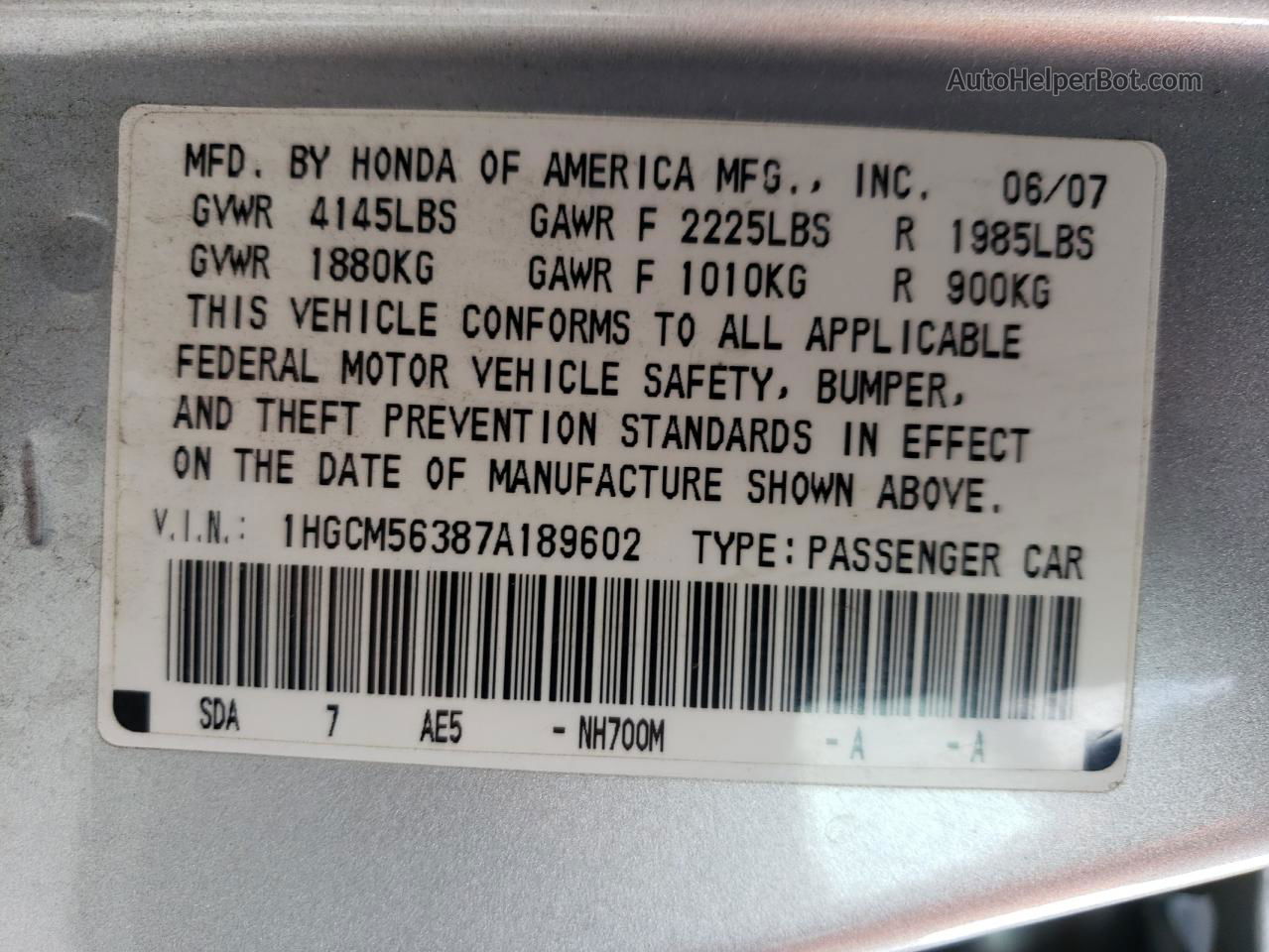 2007 Honda Accord Se Silver vin: 1HGCM56387A189602