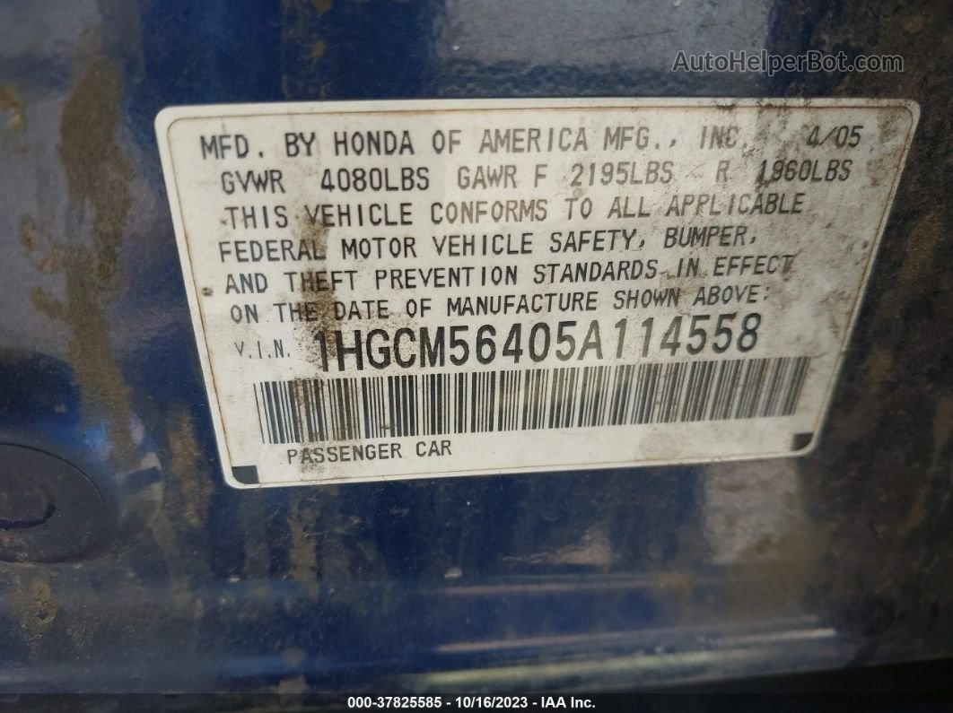 2005 Honda Accord 2.4 Lx Blue vin: 1HGCM56405A114558