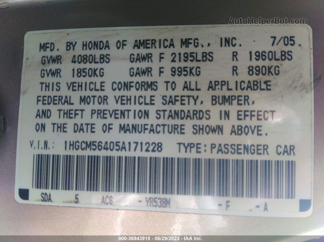 2005 Honda Accord Sdn Lx Gold vin: 1HGCM56405A171228