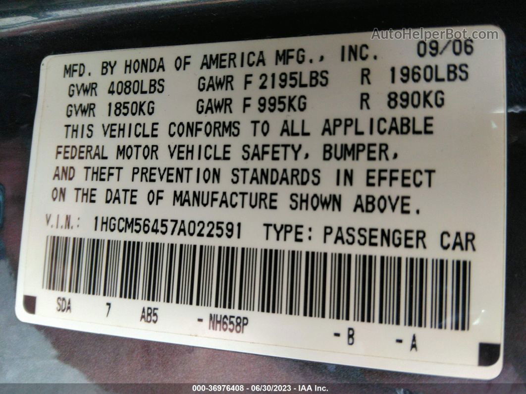 2007 Honda Accord Sdn Lx Navy vin: 1HGCM56457A022591