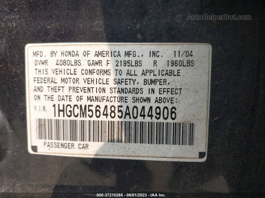 2005 Honda Accord Sdn Lx Black vin: 1HGCM56485A044906