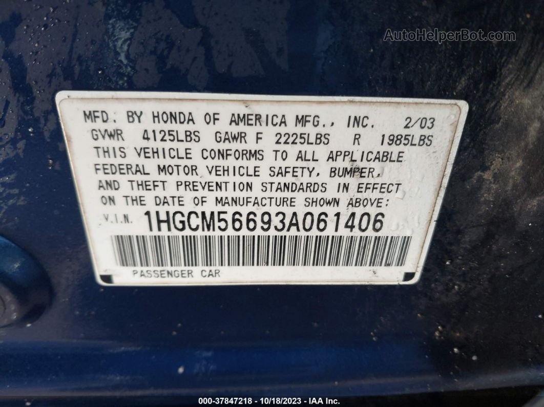 2003 Honda Accord 2.4 Ex Blue vin: 1HGCM56693A061406