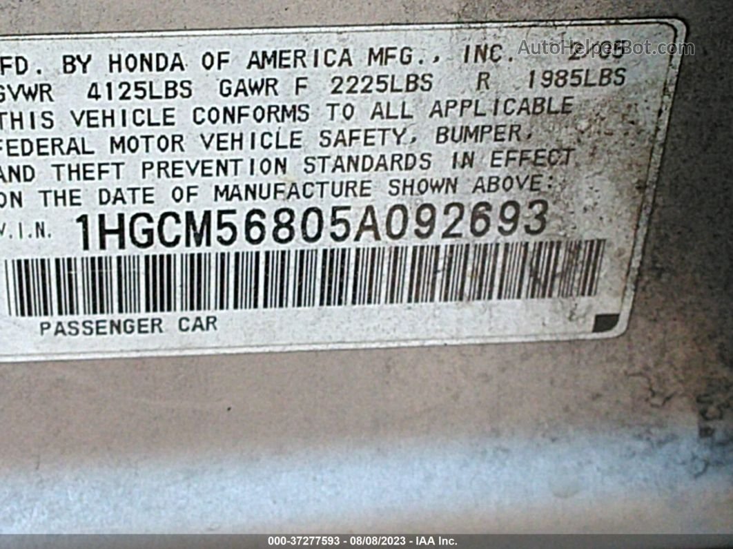 2005 Honda Accord Sdn Ex-l Silver vin: 1HGCM56805A092693