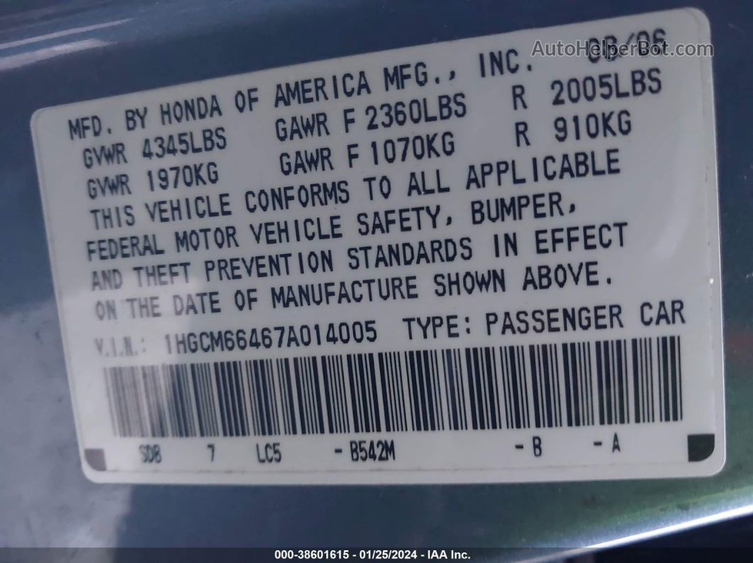 2007 Honda Accord 3.0 Se Light Blue vin: 1HGCM66467A014005