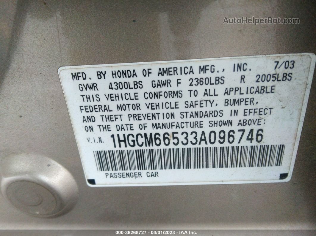 2003 Honda Accord 3.0 Ex Gold vin: 1HGCM66533A096746