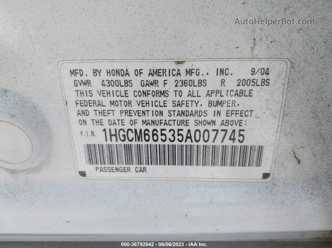 2005 Honda Accord Sdn Ex-l V6 White vin: 1HGCM66535A007745