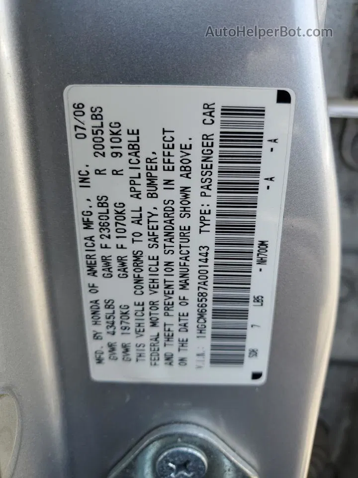 2007 Honda Accord Ex Silver vin: 1HGCM66587A001443