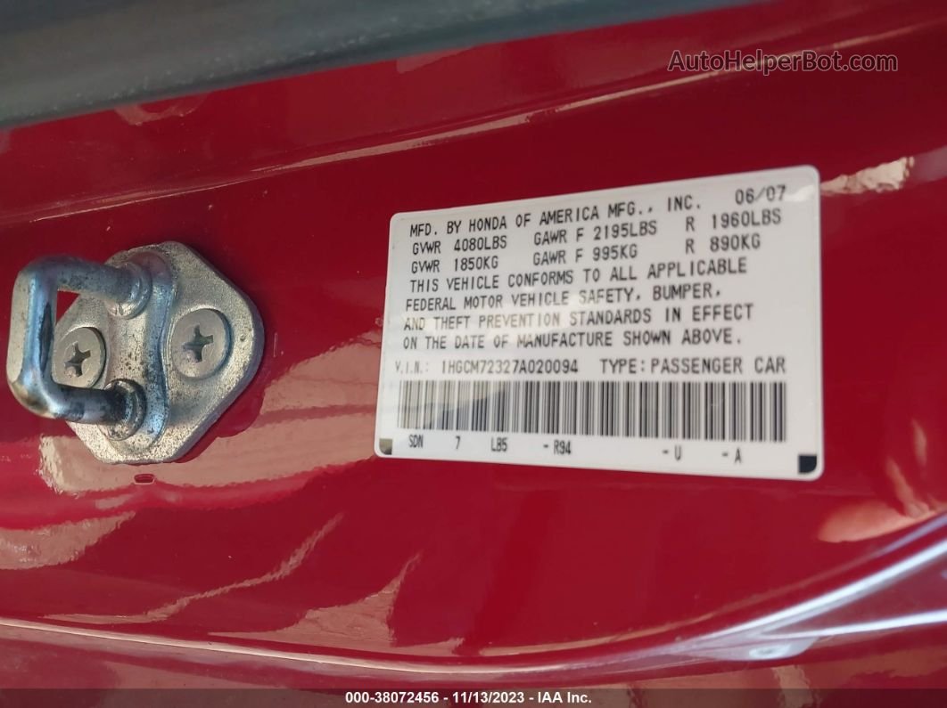 2007 Honda Accord 2.4 Lx Red vin: 1HGCM72327A020094